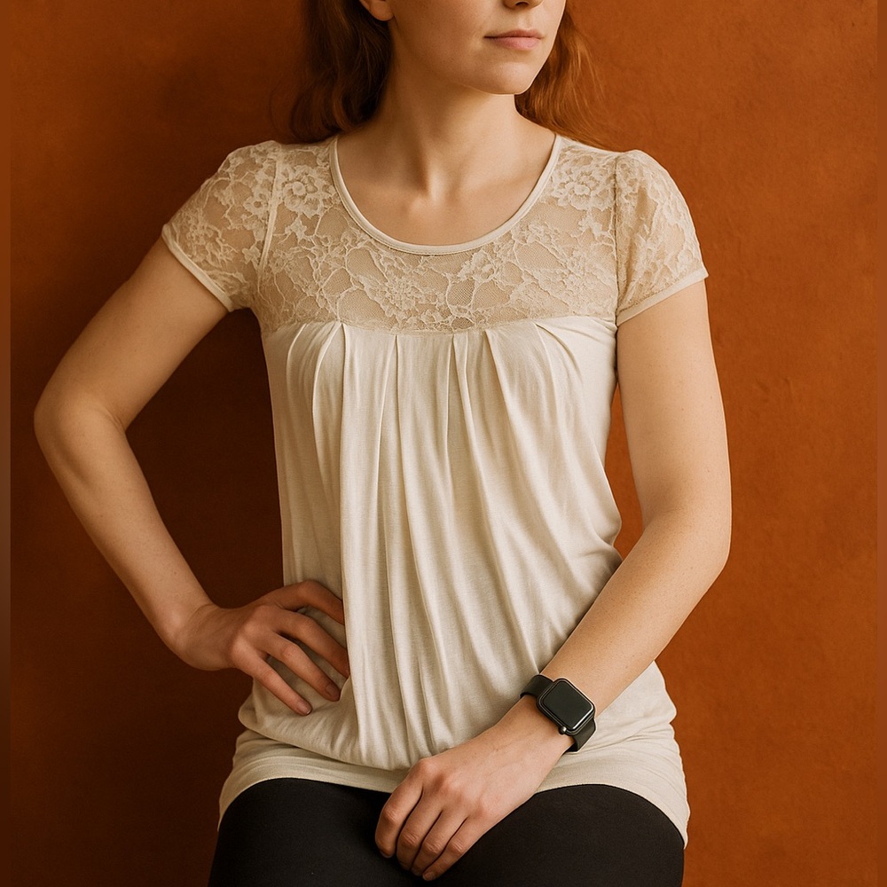 Vintage Belinda Crocker Cream White Prairie Baby Doll Lace Top Cap Sleeve Sz L